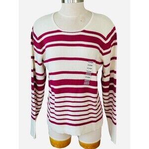 Charter Club Wm X-L Stripe Wild Berry/Eggshell Cotton Pullover Knit Sweater NEW